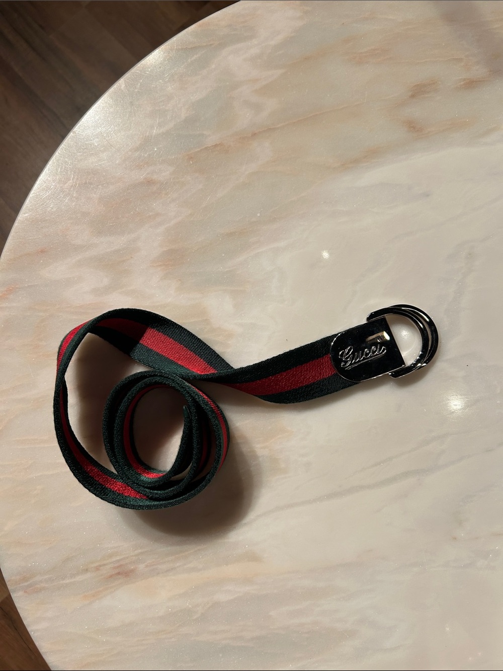 Gucci Green & Red Web Stripe D-Ring Belt